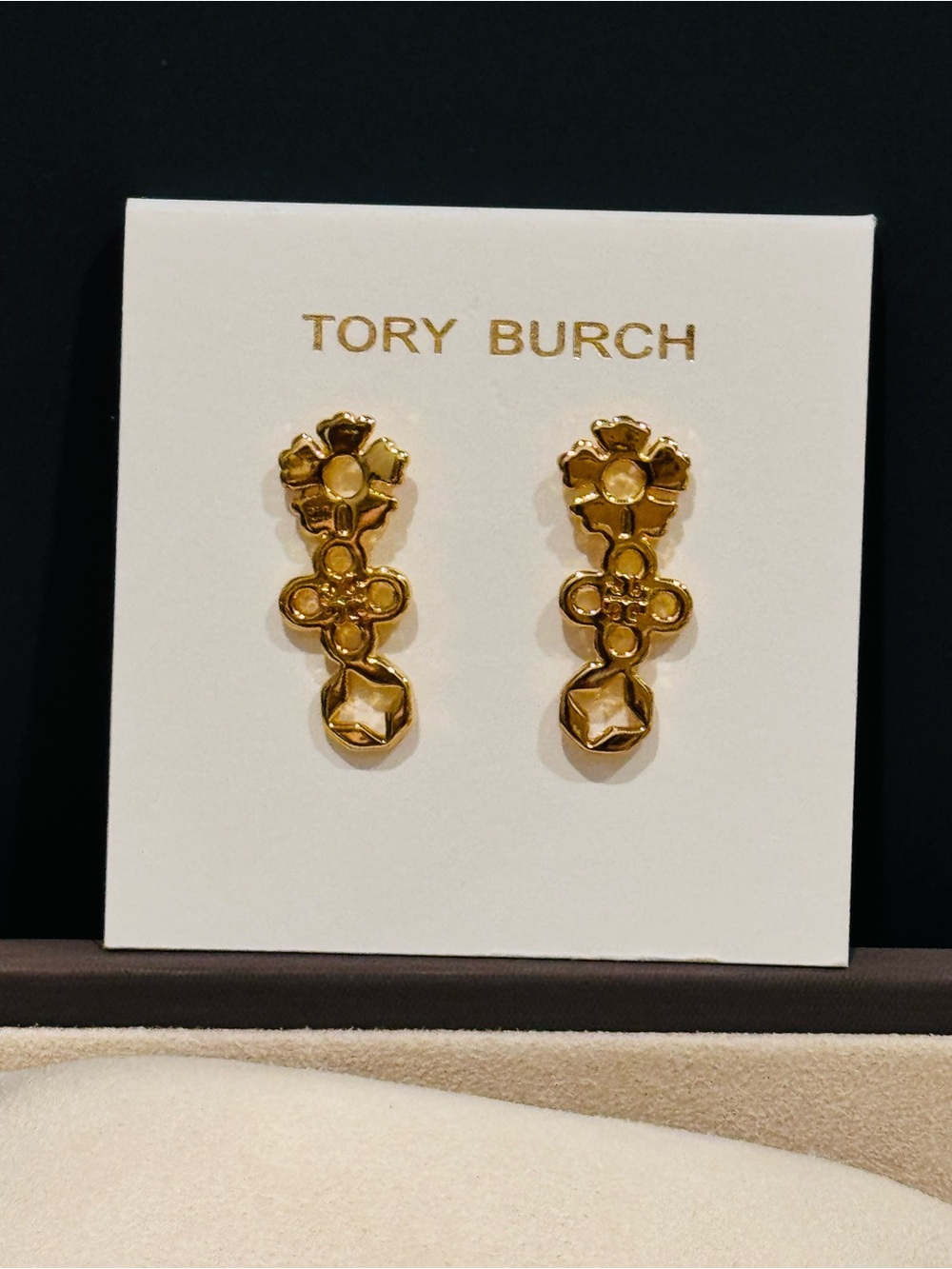 Tory Burch Gold Tone Clover Flower Logo Drop Linear Earrings 1.25